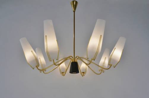 Chandelier by Stilnovo in metal, brass & glass, 1950s | #65841 Chandelier by Stilnovo in metal, brass & glass, 1950s | #65841